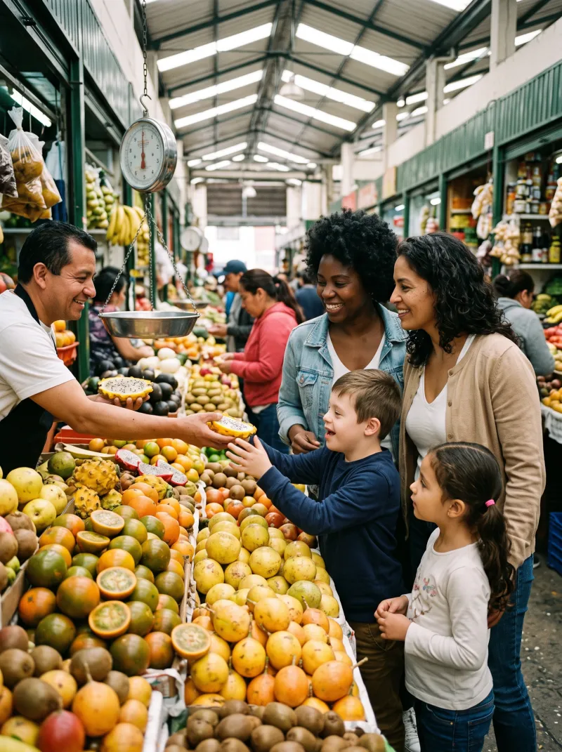 Familia en tour probando frutas colombianas