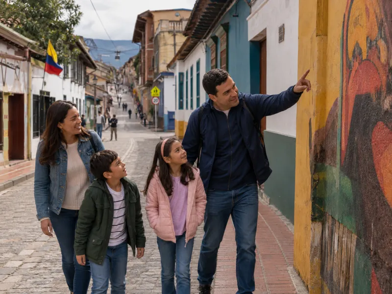 Tursitas con niños en La Candelaria de Bogotá