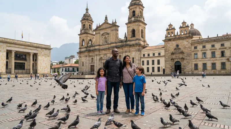 Familia de turistas en Plaza de Bolívar de Bogotá