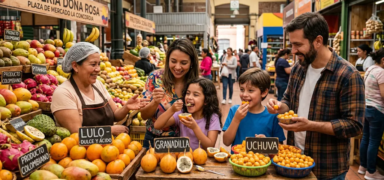 Familia de turistas en plaza de mercado de Bogotá