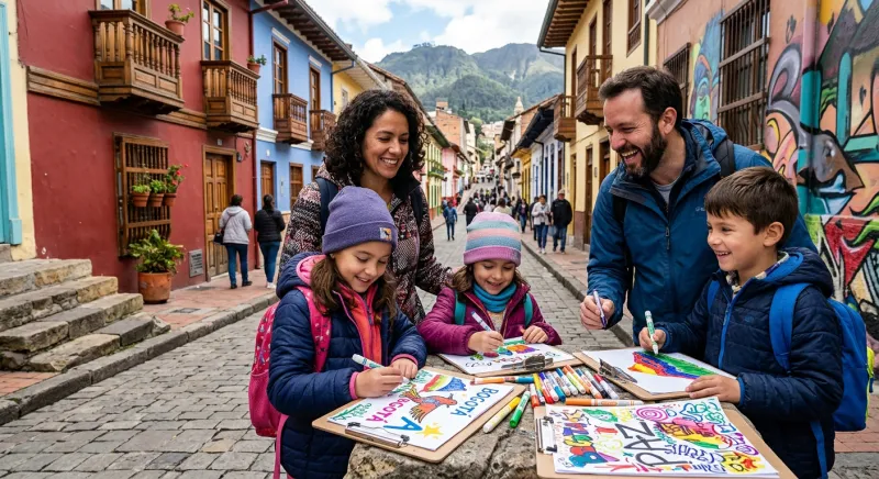 Familia de turistas en actividad de graffiti